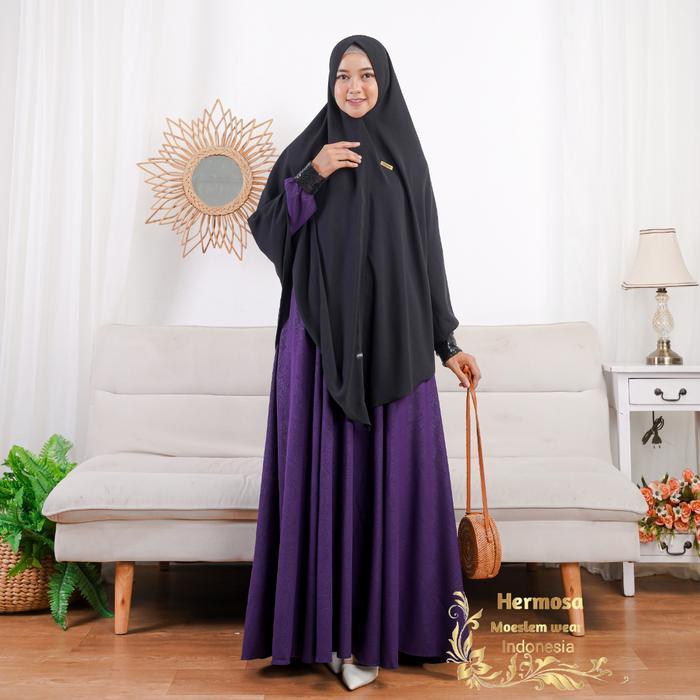 [Gamis hermosa] Gamis hermosa embos motif Indian manset squin ungu tua-gamis ungu tua syari premium-