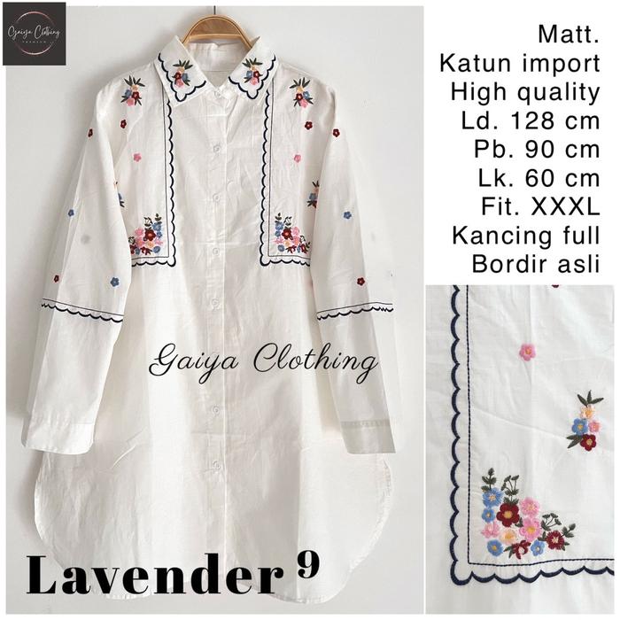KEMEJA TUNIK JUMBO KATUN BORDIR BUNGA WANITA WHITE SERIES LD. 130 LAVENDER JUMBO Putih Baju Atasan M