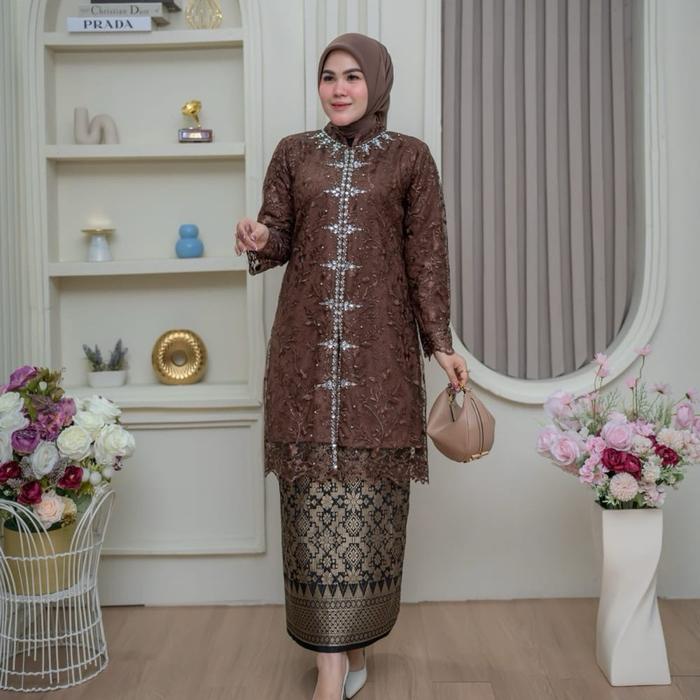 TK_Set Kebaya Tunik Andara Busui Tulle Bordir Full Payet Resleting Depan Rok Songket Lilit Kerah San