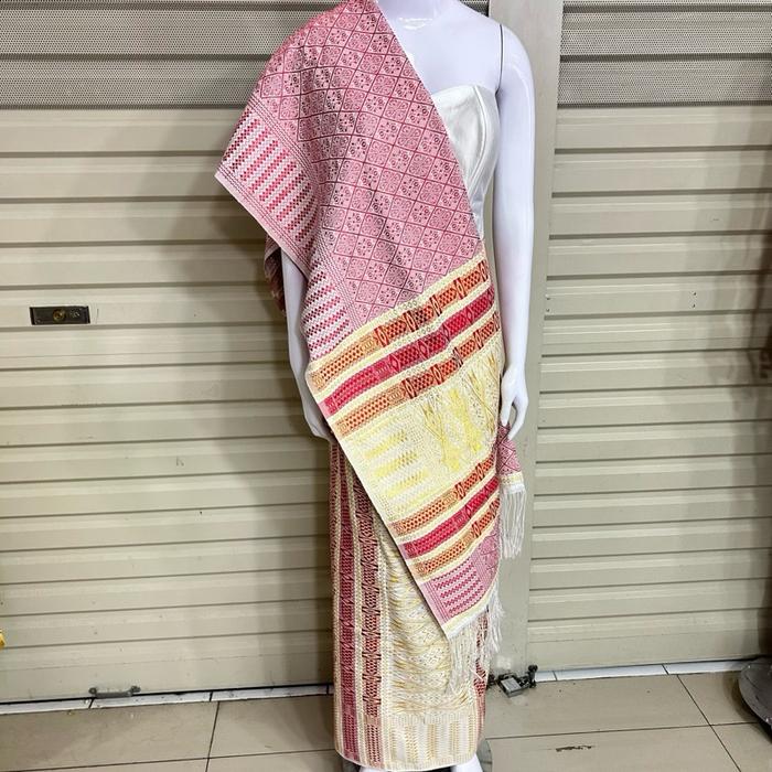 Set Songket Tumtuman + Selendang Warna Pink Krem | Tenun Benang Kristal Elegan