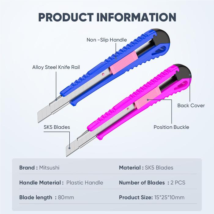 Mitsushi 2PCS Cutter Kecil 5 Inci / Pemotong Kertas Kardus Serbaguna Gratis Isi Cutter / Cutter Blad