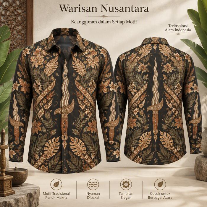 Kemeja Batik Pria Lengan Panjang Motif Tradisional Nusantara Warna Hitam Cokelat Floral Keris Elegan