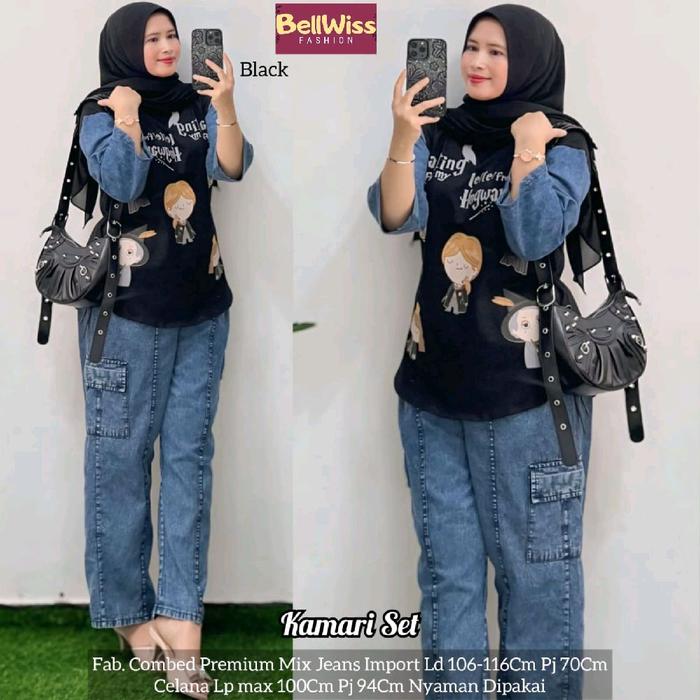 KAMARI SET SETELAN DENIM ONE SET SETCEL BLOUSE PANTS WANITA CASUAL COMBED MIX JEANS PREMIUM LD 116 C