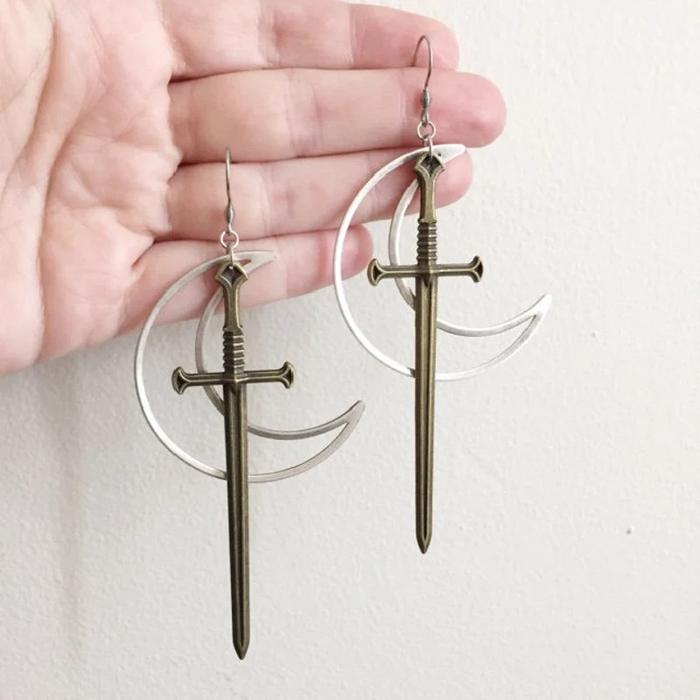 Gothic Blood Sword Earrings Ring Sword Classic Eardrop Big Sword Statement Mystical Classical Hallow