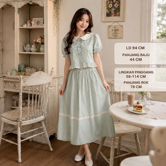 Pipo.id • Set Dress Wanita Vintage Korea Blouse Kerah Peter Pan & Rok Panjang – Peach, Hijau & Mint