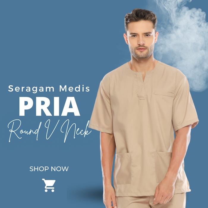 Mediscrub Setelan Baju Seragam Dokter Pria Round V Neck Kancing Atas