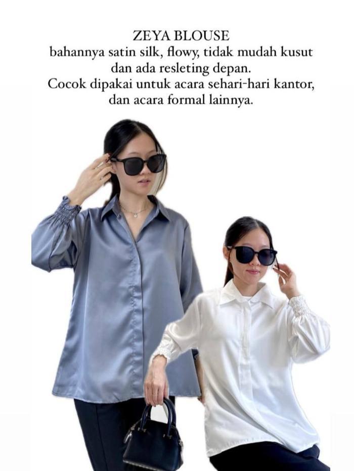 ZEYA Satin Blouse V-Neck / Satin Top Kantor Casual Wanita / Blus Kerah Satin Casual Look / Atasan Fo