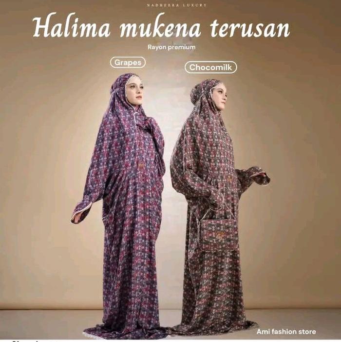 (READY)MUKENA TERBARU HALIMA MUKENA TERUSAN bahan adem promo by nadhera Luxury bisa COD√free pouch c