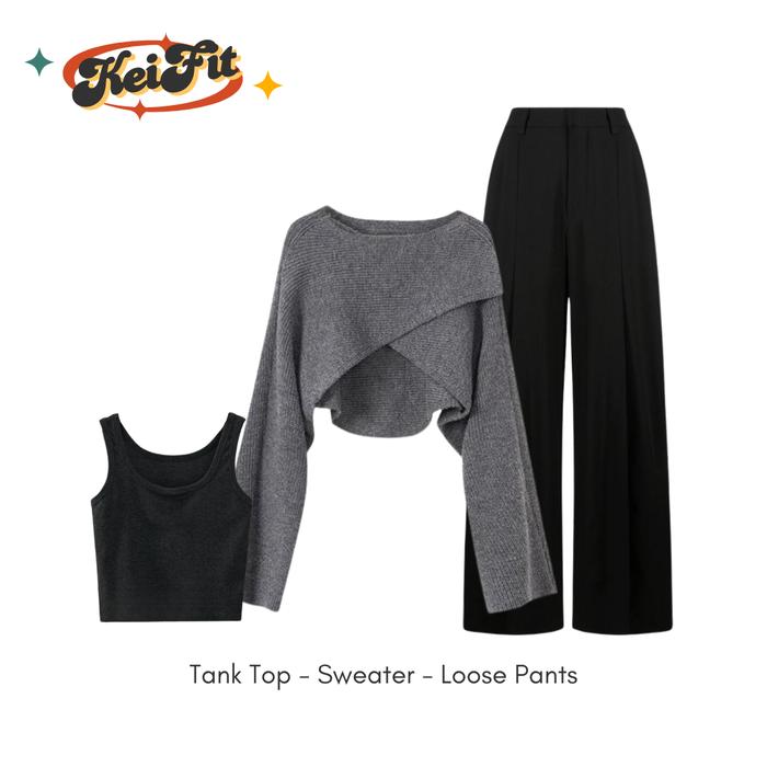 stelan import 3in1 Kive Kekinian ala Korea (Tank Top, Setelan Sweater rajut Silang Korea, Celana Loo