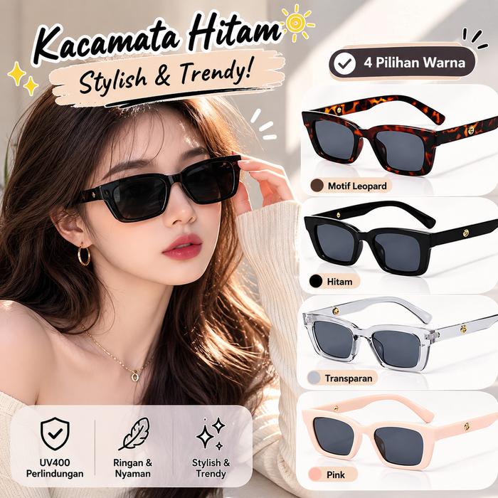 Kacamata Kotak Mini Tebal 4 Warna Frame Plastik Logo Emas Anti UV Sunglasses Trend Wanita