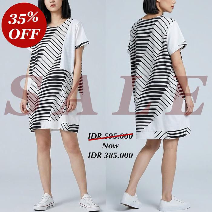DRESS MIDI OVERSIZE KATUN SATIN GARIS HITAM PANEL KAOS PUTIH KOREA IMPORT ~ Defect SALE