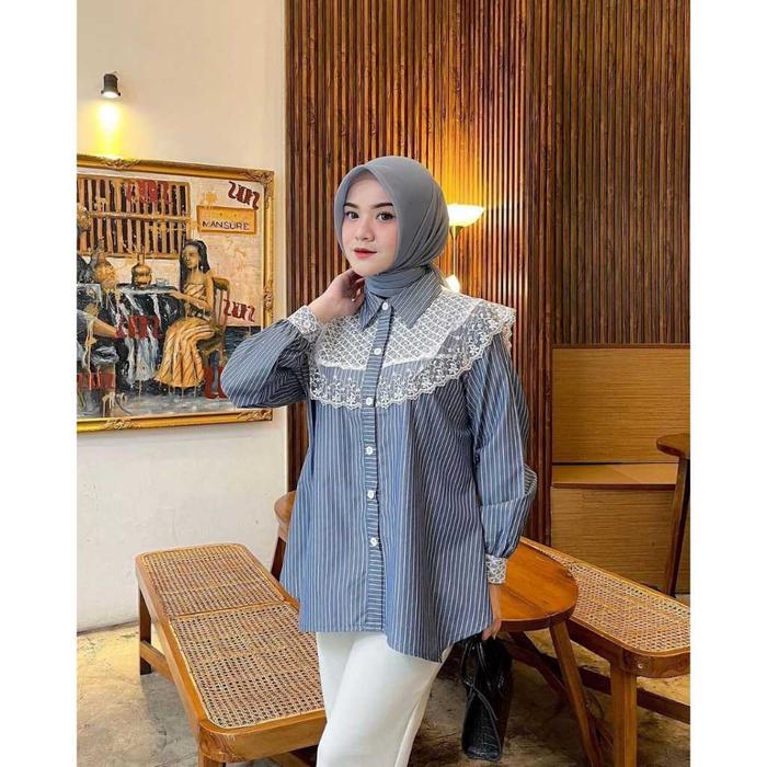 Kemeja Blouse Wanita Jumbo Strip Salur Kombinasi Brukat Import Zara Strip Blouse Wanita Terbaru Blou