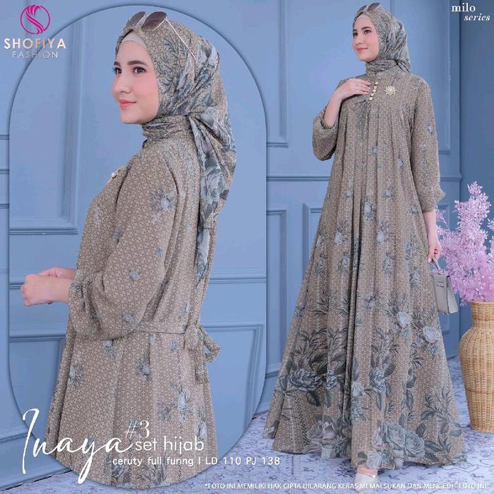 Gamis Inaya Shofiya Fashion Selly Bahan Ceruty Full Furing Ld 110 one set hijab