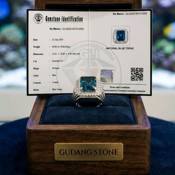 batu permata cincin blue topaz london octagon plus sertifikat gli lab