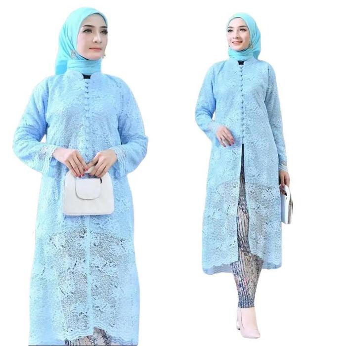 Setelan Kebaya Tunik Kancing Seribu Bahan Brukat Premium Warna Baby Blue