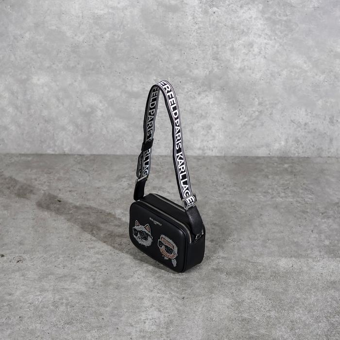 Tas KARL LAGRERFELD SIDEWAYS IKONIK CHOUPETTE RHINESTONE BLACK CAMERA BAG 100% ORIGINAL