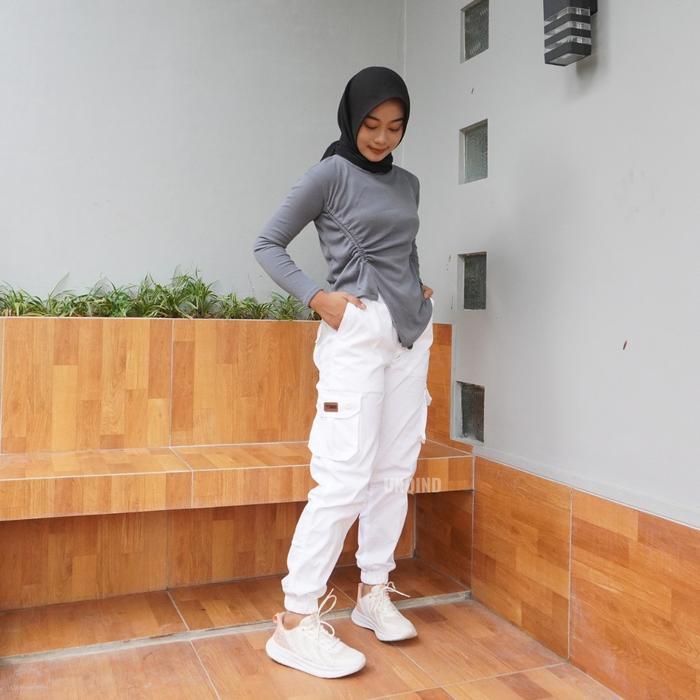 Uniquee-Cargo Pants Joger Jumbo Wanita - Celana Jogger Twill Casual Basic Baggy Putih Kaki Karet Nya