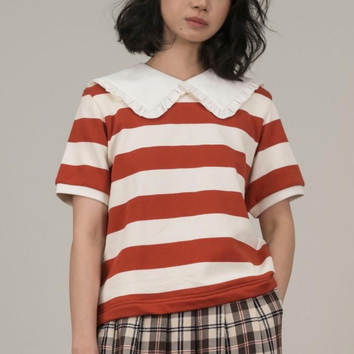 Argyle & Oxford - Girl Square Collar Stripes Top in Brick