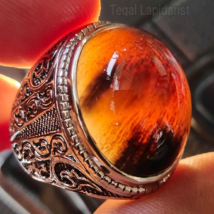 Batu Akik Fosil Kelor Kristal - Cincin Batu Fosil Kayu Kelor Hitam Kristal
