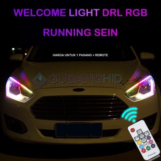 LAMPU ALIS NEON MOBIL MOTOR DRL RGB WELCOME LED SEIN RUNNING + REMOTE