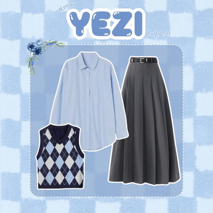 Yezi Outfit Set [ Kemeja + Vest + Rok Rample ] OOTD Korean Simple Cocok Untuk Hangout dan Ngampus Ca