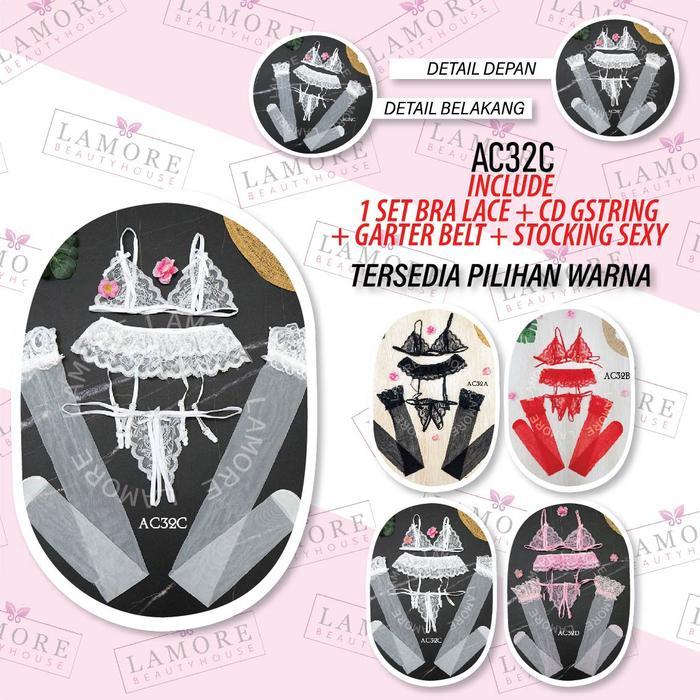 Stocking y Lingerie + BRA SET CD G String +Garter Belt Putih AC32C