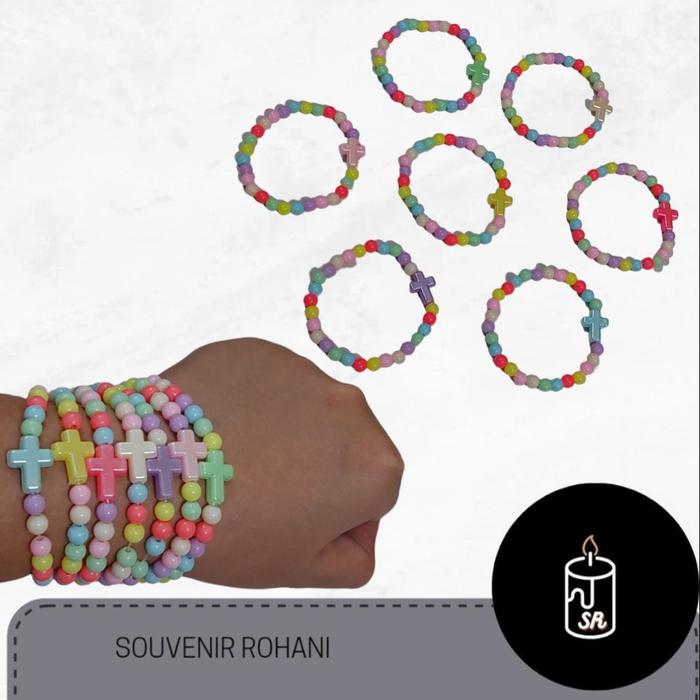 GELANG MANIK SALIB ANAK SEKOLAH MINGGU. SOUVENIR GELANG MUTE SALIB ELASTIS WARNA PASTEL
