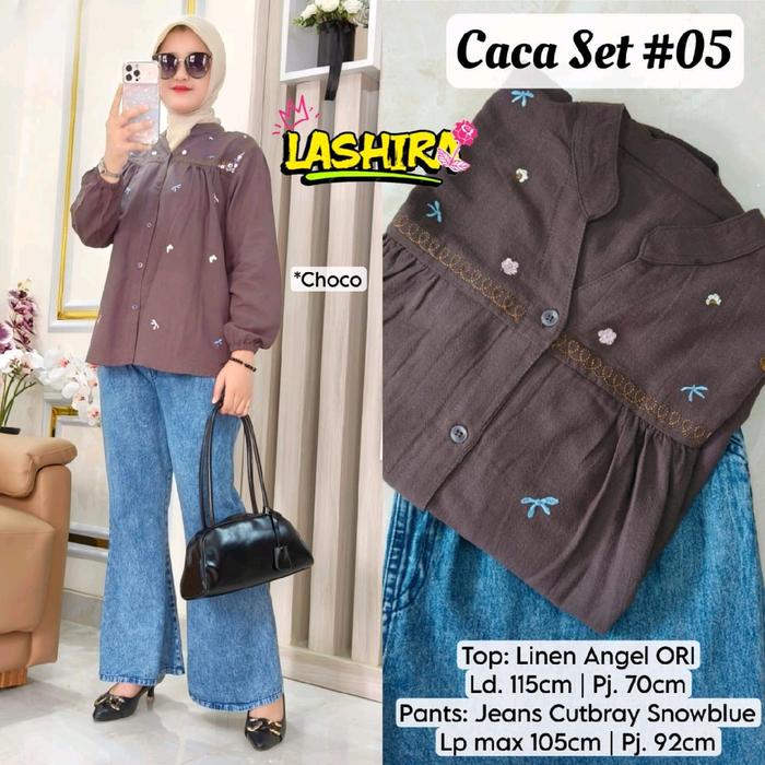 Setelan bahan linen angel ori pants jeans cutbray snow blue