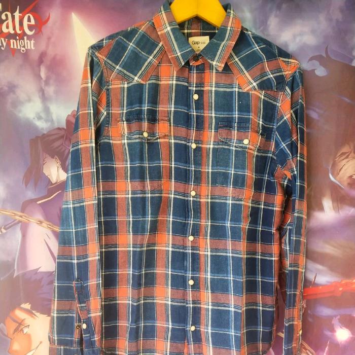 GAP Blue and Orange Plaid Flanel Shirt Kemeja Original Second Korea Japan Streetwear Y2K Merch Hypeb