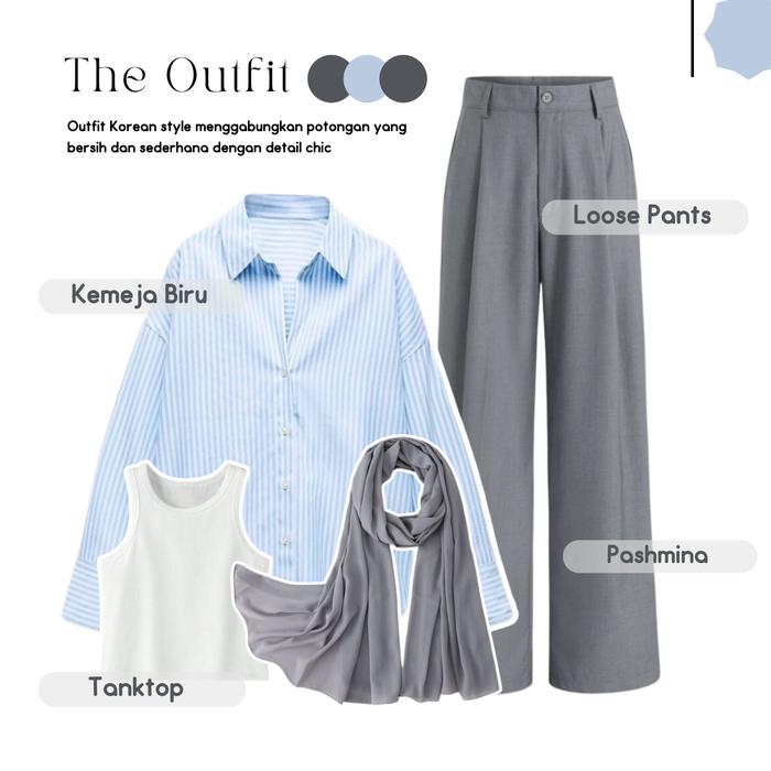 PAKET MURAH - Ootd Hijab Ke Pantai ( Kemeja Salur Biru , Tanktop Spandex Lembut Putih, Pashmina Jers