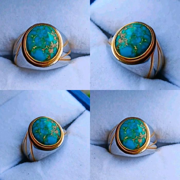 Cincin Batu Pirus Persia Serat Emas Super Keren