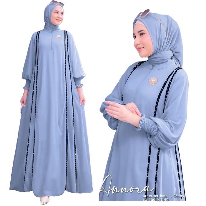 New Annora Dress Muslim Terbaru Set Hijab Gamis Ceruty Premium Jumbo Lebaran