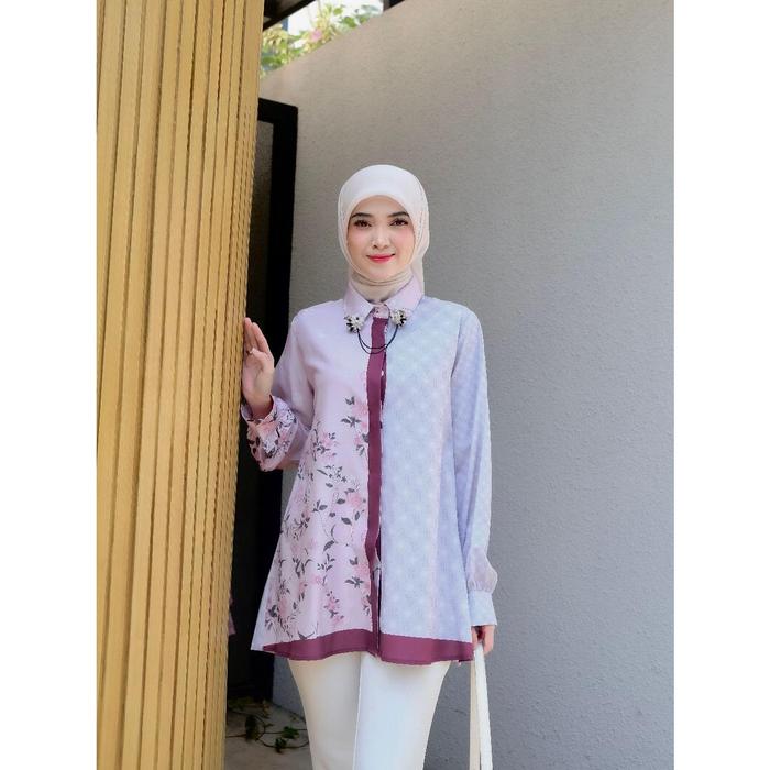 FANMU Kemeja Blouse Muslimah Lilac Motif Bunga Kombinasi Lengan Panjang