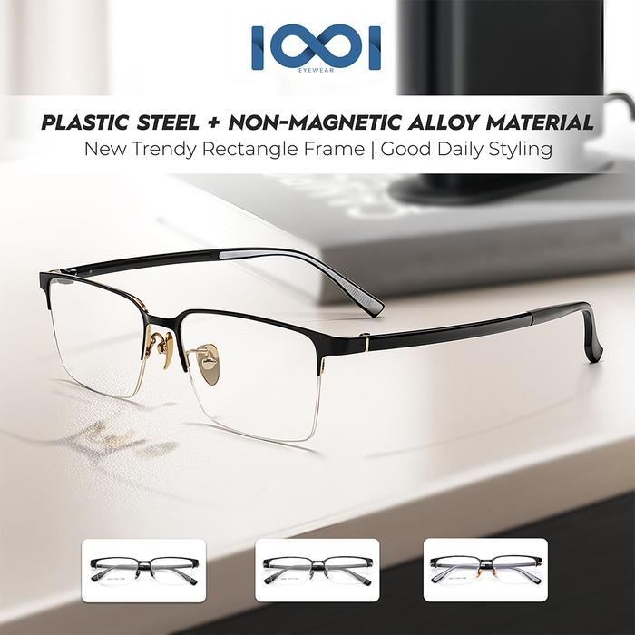 Kacamata Frame Half Rim Kotak Alloy PC Ringan dan Nyaman Lensa Photocromic Blueray Glasses Perlindun