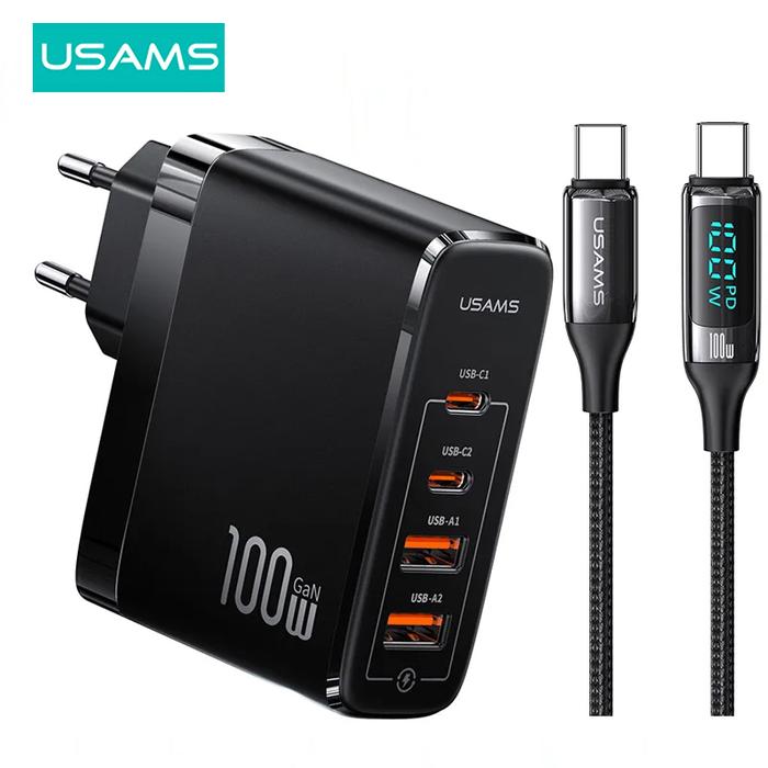 USAMS T44 100W 4 Ports GaN Fast Charging USB A C Power Adapter Phone