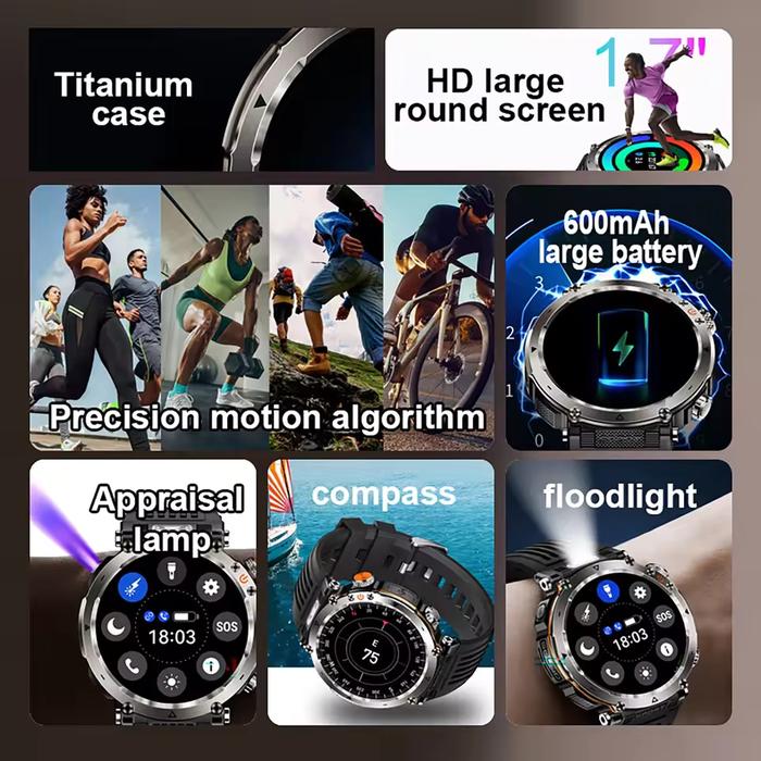 2025 New 1.7" Large Screen Outdoor Sports Compass Smartwatch Bluetooth Talk Flashlight 600mAh Health