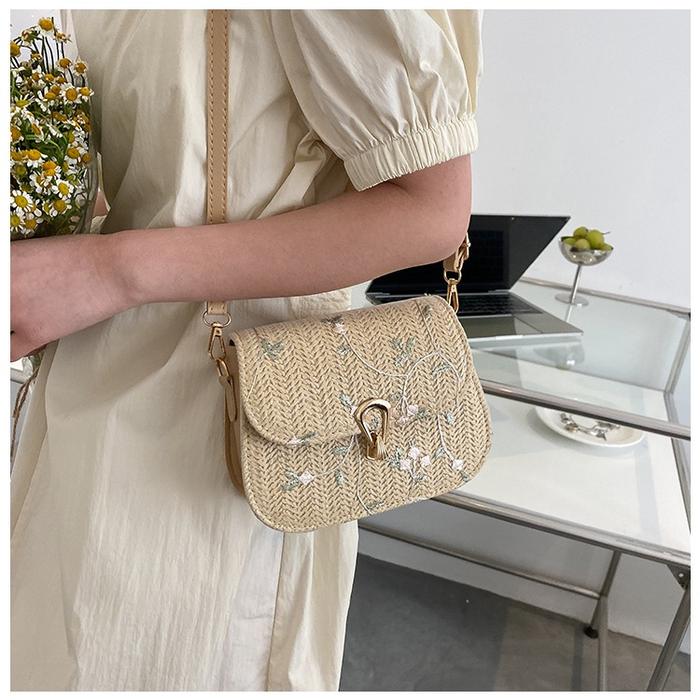BAO055 Tas Totebag Wanita Bahan Anyam Jerami Model Cina Bunga Fashion Cina Bahan Anyaman Tas Anyaman