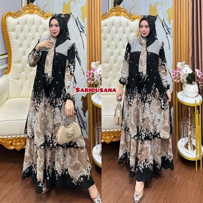 Gamis Mewah Malaysia Ceruti Plisket Premium Mix Renda Plus Hijab Kancing Mutiara