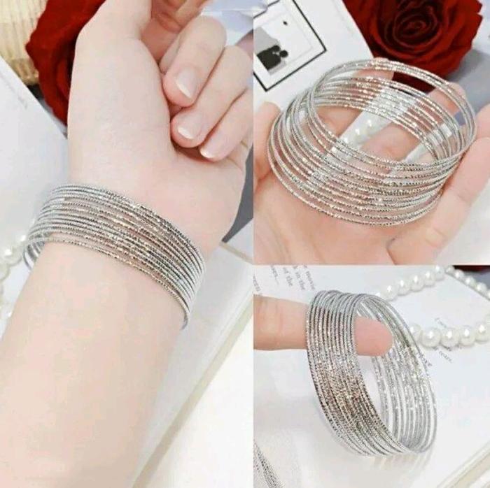 GELANG SILVER KERONCONG 3PCS ORIGINAL TITANIUM ANTI KARAT PERHIASAN WANITA DEWASA Putih