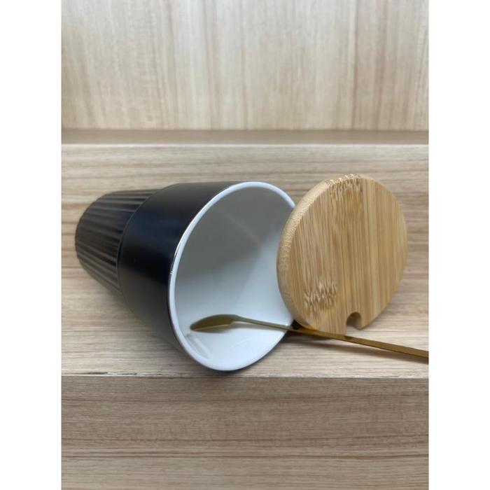 Mug Keramik VINTAGE | Tutup Dan Gagang Dari Kayu | Free Sendok Untuk Aduk