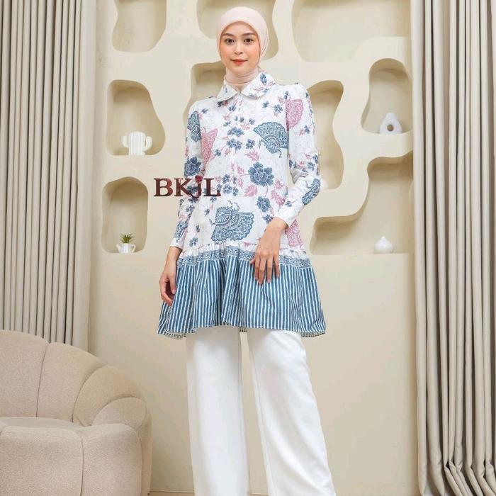 BKiL atasan tunik batik davina based putih big size jumbo M L XL XXL midi dress batik kondangan haja