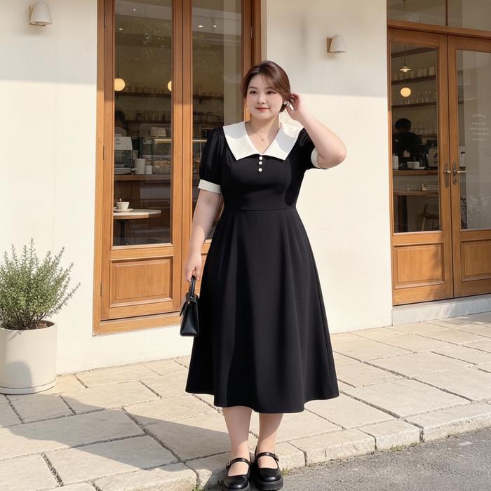 Peter Pan Lengan Puff Dress Kerah Boneka A-Line Lengan Pendek - Burgundy Elegan Dress Feminim Vintag