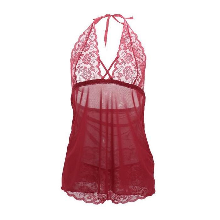 Sonia Premium Sexy Lingerie Babydoll + Panty Maroon Red Lace Merah