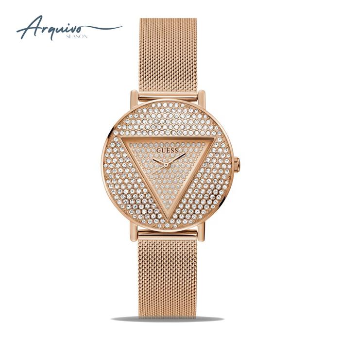 Jam Tangan Wanita Guess Iconic Ladies Rose Gold Glitz Dial Rose Gold Stainless Steel Mesh Strap Mewa