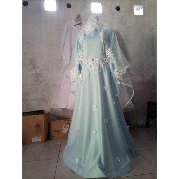 PREMIUM (READY) terjamin Gaun pengantin syar'i baby blue, gaun akad, gaun walimah, bisa request ukur