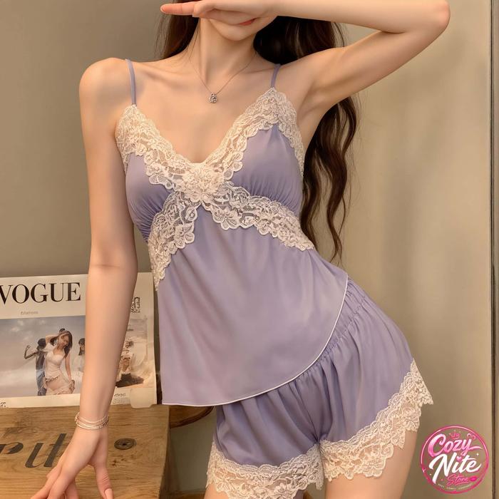tanktop+celana baju tidur cute sleepwear daster jumbo set dua potong satin v neck cozy korean Tersed