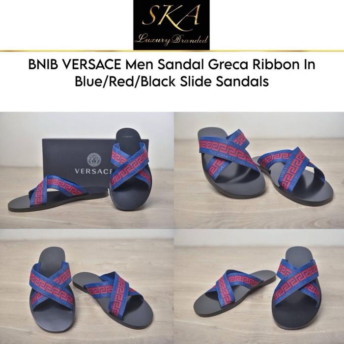 Versace Men Sandal Greca Ribbon In Blue/Red/Black Slide Sandals