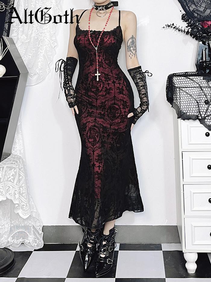 AltGoth Vintage Elegant Goth Dress Women y Streetwear Fairy Grunge Aesthetic Cross Pattern Spaghetti