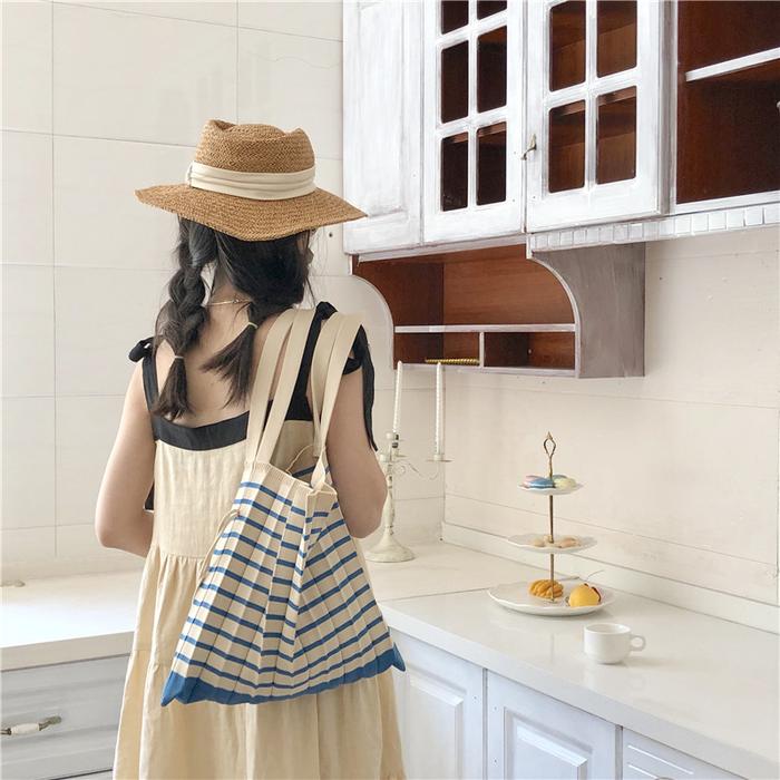 Tas Pleats Korea Jinjing Stripe Totebag Bahu Mama Selempang Lipit - Wanita bag  shoulder