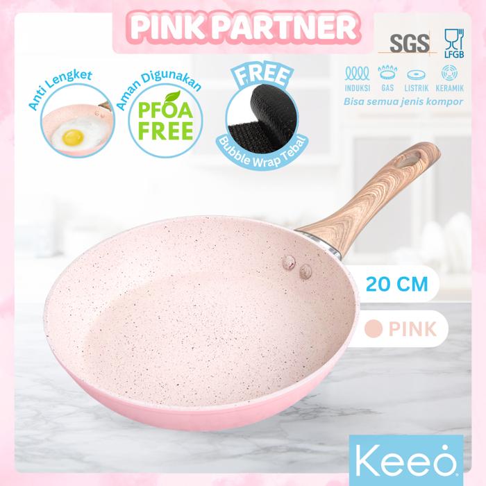 Keeo 20 cm Wajan Teflon Penggorengan Frypan Anti Lengket Marble Granit Pink